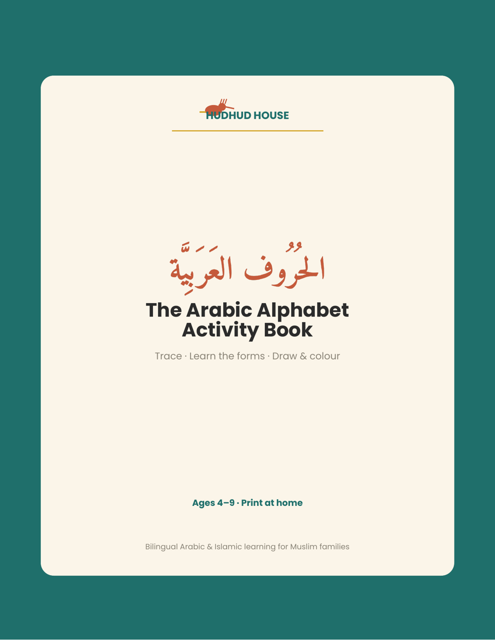 Arabic Alphabet Activity Book cover with a child tracing the letter alif